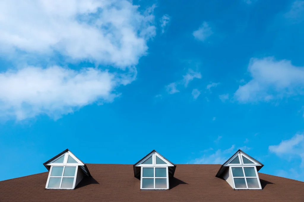 House roof with blue sky above.