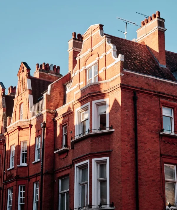 Red brick houses with blue sky.